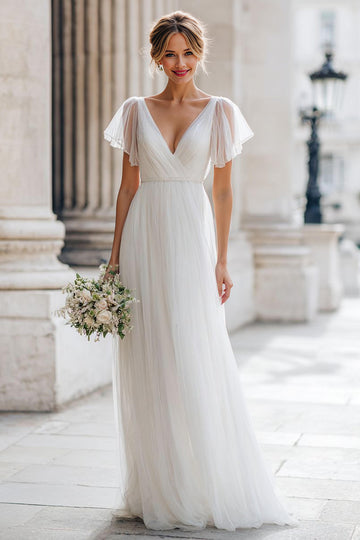 Ivory V-Neck A-Line Tulle Wedding Dress